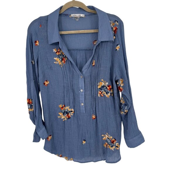 Figueroa & Flower Womens size 1X plus Blue Embroidered Floral Button-Up Blouse - Picture 1 of 11